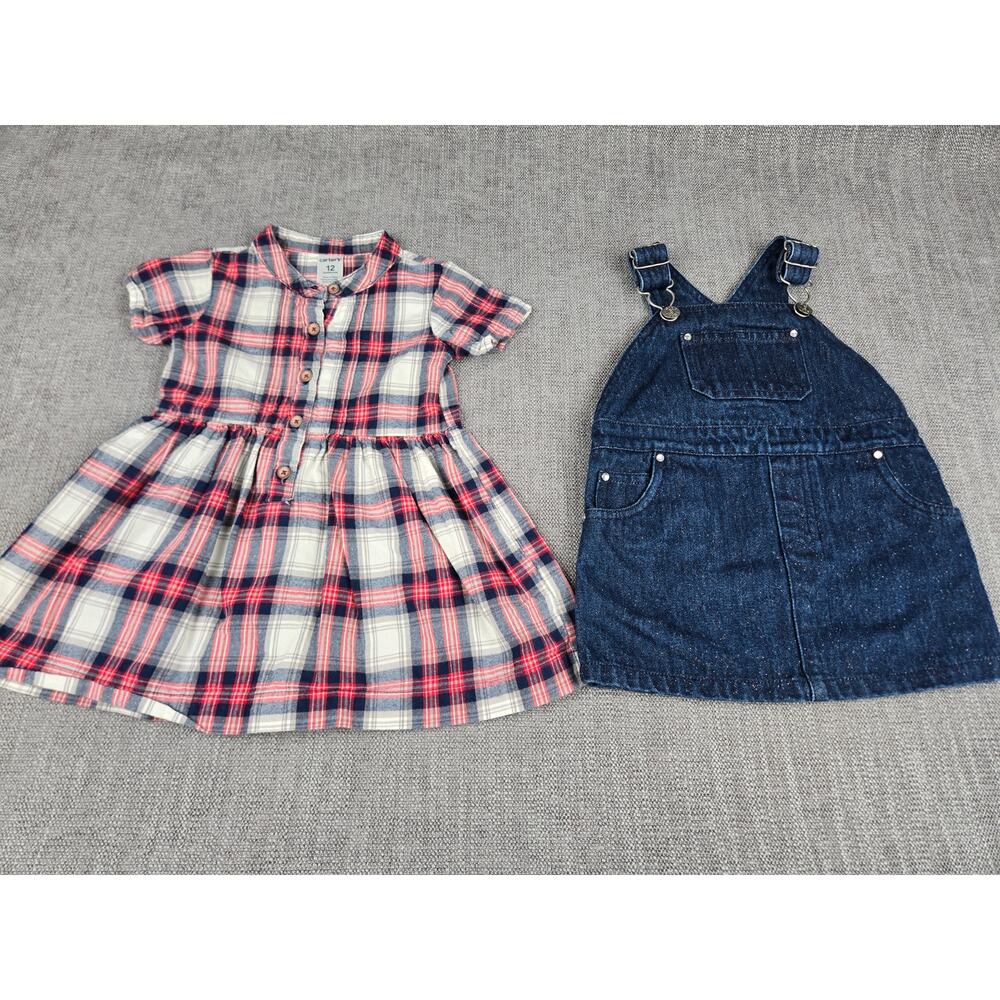 Carter's Plaid Dress & Esprit Jean Dress Overalls Lot 12 Months Girl 2 Piece